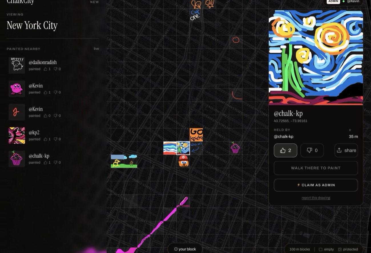 ChalkCity — painted blocks across a map of lower Manhattan.